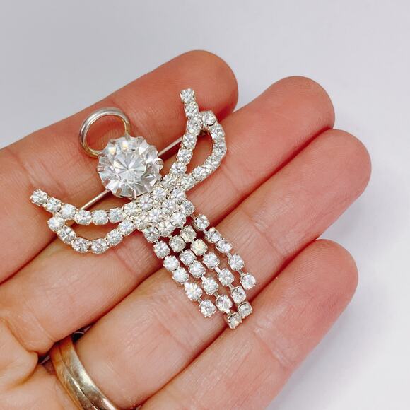Vintage Clear Rhinestone Angel Brooch Prong Set Dangle Glam Religious Jewelry - Picture 2 of 9